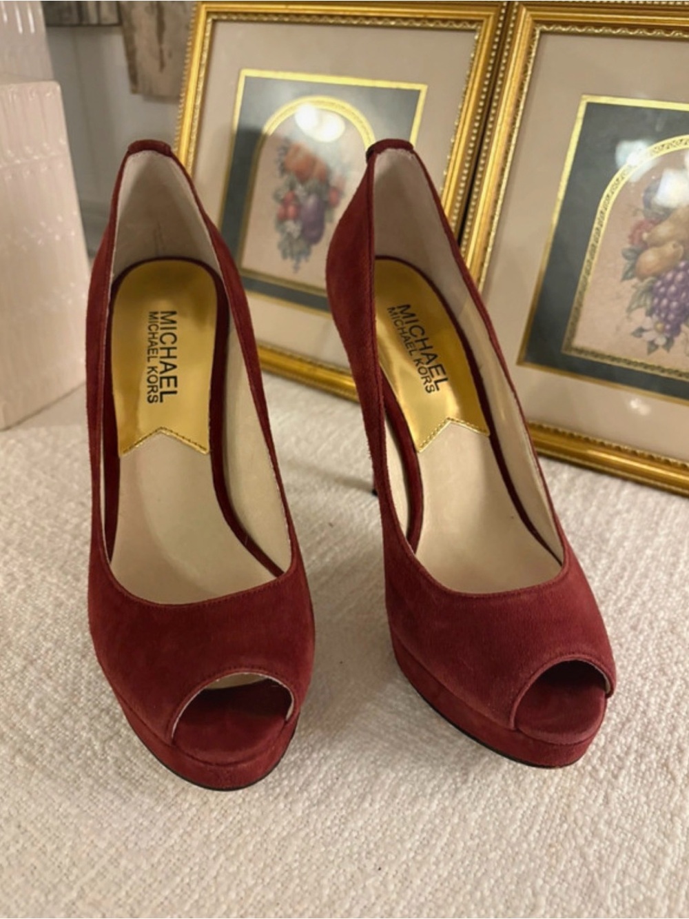 Michael Kors Burgundy Suede Peep-Toe High Heels
